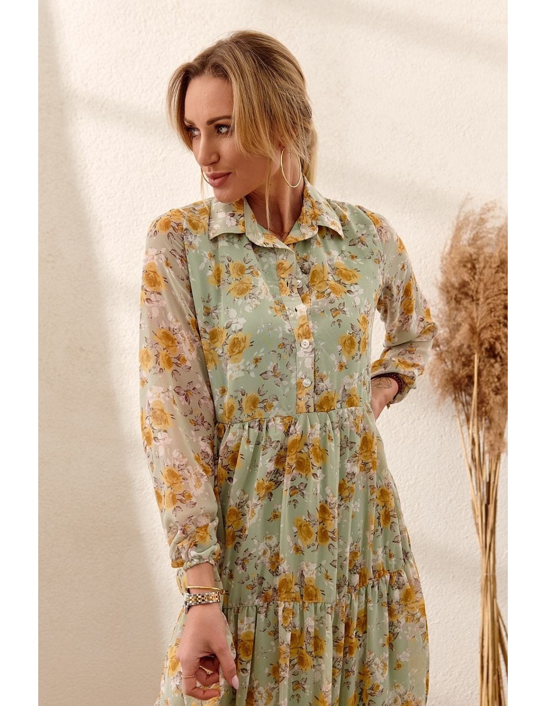 Floral dress with a collar, pistachio PR10200 - Online store - Boutique